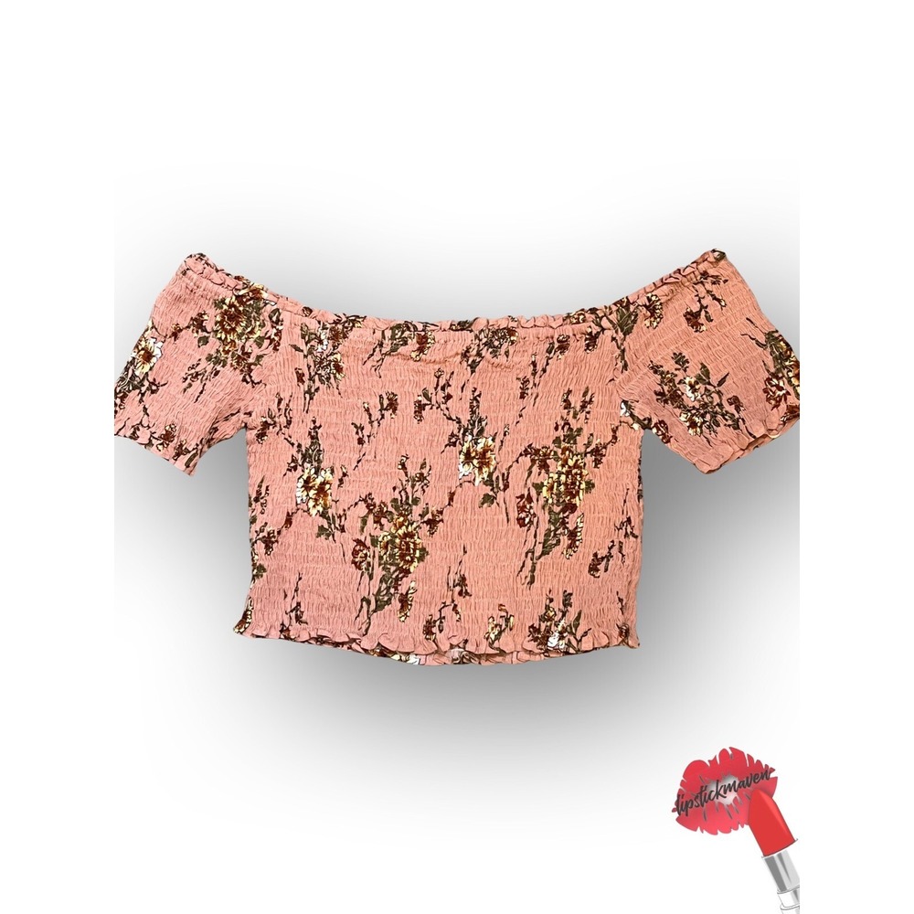 Nikki‎ Lund Crop Top Womens Large Floral Peach Ruched Off The Shoulder